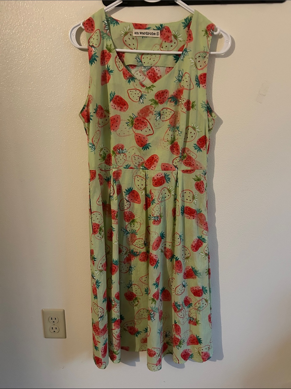 Whimsical SM Wardrobe Small Strawberry VNeck Cottagecore Pleats ALine Midi Dress